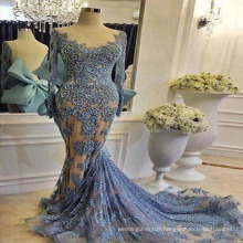 Turkish Blue Luxury Sexy Revealing Embroidery Fishtail Evening Dress with A Big Bow